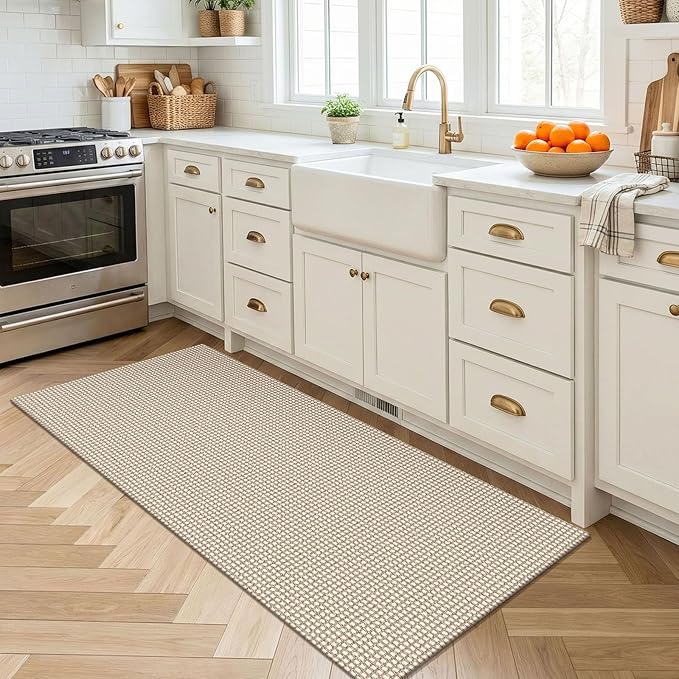 EARTHALL Woven Runner Rug 2x4 Ft Washable Runners for Hallways Cotton Non Slip Eentryway Runner Braided Indoor Floor Carpet for Kitchen, Hallway, Kitchen, Doormat, Beige/Ivory