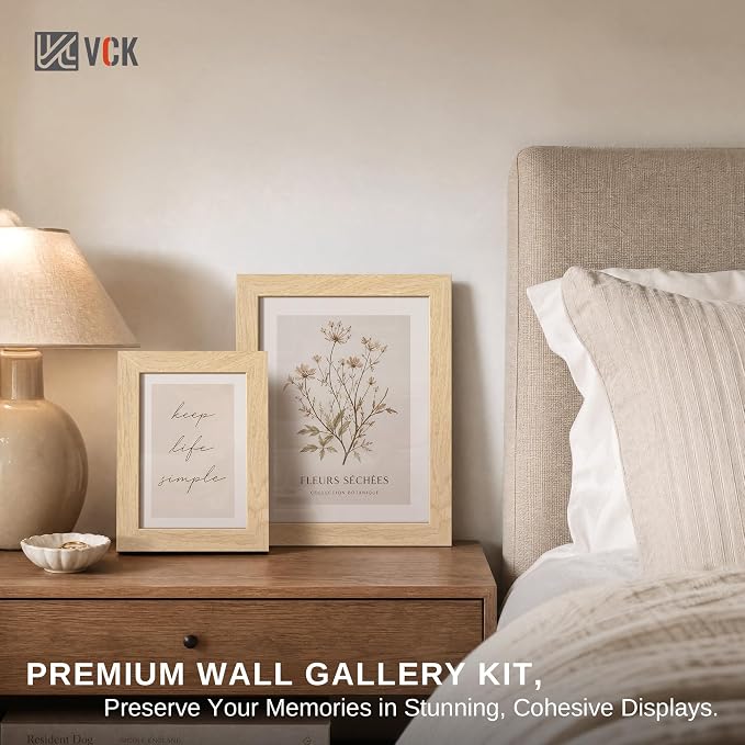 VCK 5x7 Picture Frame 3 Pack - Natural Solid Wood Beige Photo Frame, Exclusive Wood Grain, Table Display or Wall Hanging