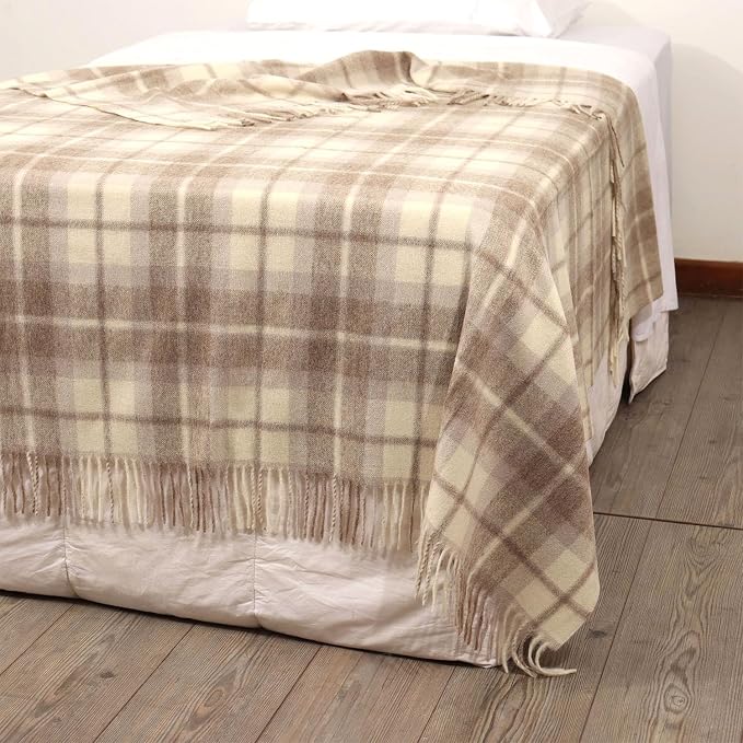 Superfine Alpaca Wool Throw Blanket - Lightweight Alpaca Merino Wool Throw Blankets | Soft Peruvian Alpaca Blanket Wool Blanket Scottish Design 70" x 60" (Beige/Ivory/Brown)