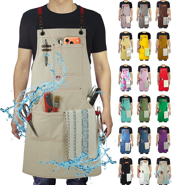 Work Aprons with Multiple Pockets, Waterproof Canvas for Cooking, Painting, Crafting, Gardening, Sizes M to XXL, Colorful Spots