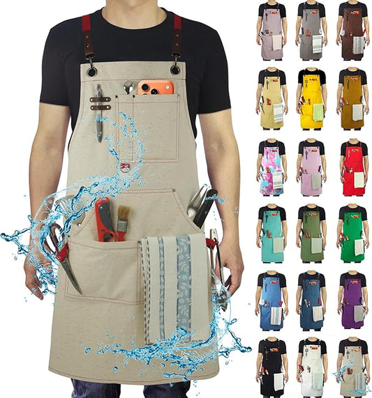 Work Aprons with Multiple Pockets, Waterproof Canvas for Cooking, Painting, Crafting, Gardening, Sizes M to XXL, Colorful Spots