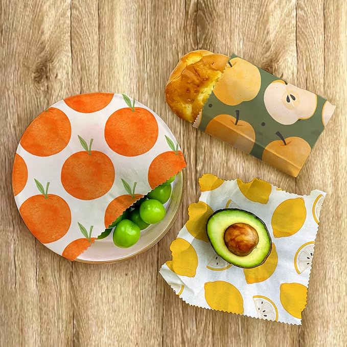 Reusable Beeswax Wraps, 9 Pack Sandwich, Snack, Food Preservation, Organic, Sustainable, Zero Waste, Plastic-Free Storage, 1XL, 3M, 5S, Orange Apple Lemon Fruit Patterns