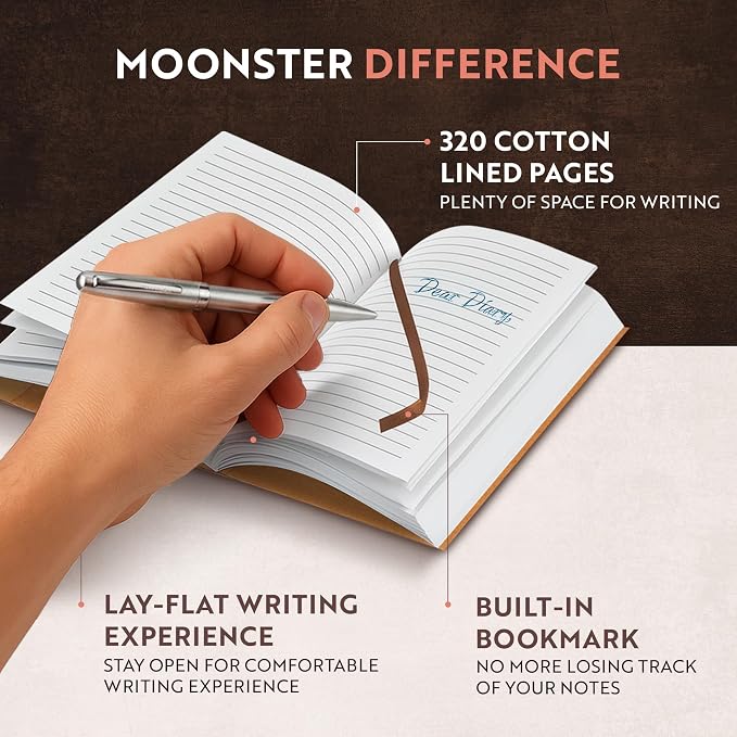 moonster Lined Paper Refill Notebooks for Refillable Leather Journal – Eco Friendly Acid-Free & Tree-Free Recycled Cotton Sheets A5 Ruled Notepad 8.25 x 5.75 Inches w/ 160 Soft Pages & Bookmark