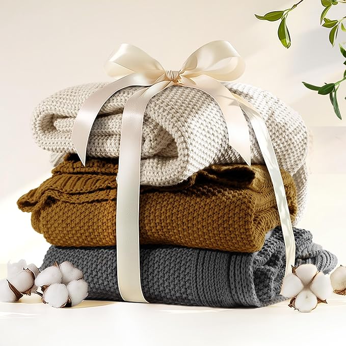 100% Cotton Cable Knit Throw Blanket, Lightweight Soft Knit Blanket for Sofa Couch Bed, Breathable All-Season Throw, Cozy Decorative Blanket, 50 x 60 Inch,Mustard