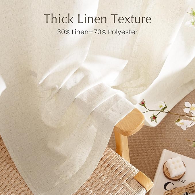 NICETOWN Natural Linen Curtains & Drapes for Windows 84 inch Long, Rod Pocket & Back Tab Thick Flax Semi Sheer Privacy Assured with Light Filtering for Bedroom/Living Room, W55 x L84, 2 Pieces
