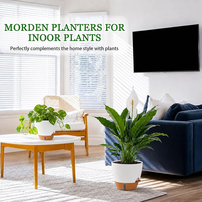 8/10/12 Inch Self Watering Pots for Indoor/Outdoor Plants - Large Plastic Planter with Drainage Holes, Water Level Indicator & Deep Reservoir, Modern Decorative Flower Pots (White)