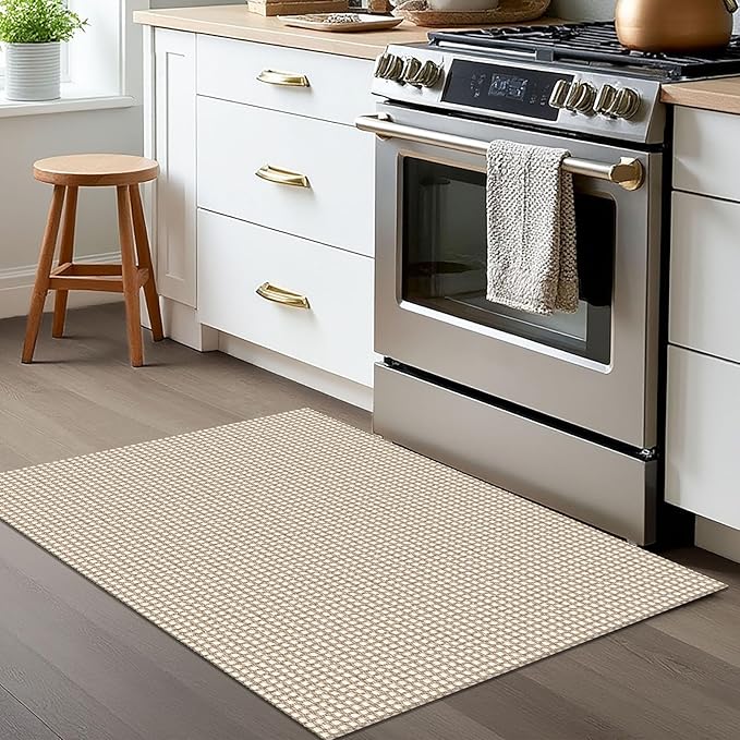 EARTHALL Woven Area Rug 2x3 Ft Washable Rugs for Entryway Braided Non Slip Throw Rugs Door Mat Indoor Outdoor Entrance Small Cotton Woven Carpet for Kitchen Foyer Front Door, Beige/Ivory