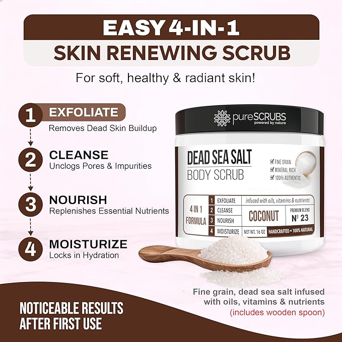 pureSCRUBS Premium Coconut Body Scrub Set - Large 16oz Dead Sea Salt Body Scrub With Infused Essential Oils & Nutrients, Includes Wooden Spoon, Loofah & Oatmeal Exfoliating Bar Soap