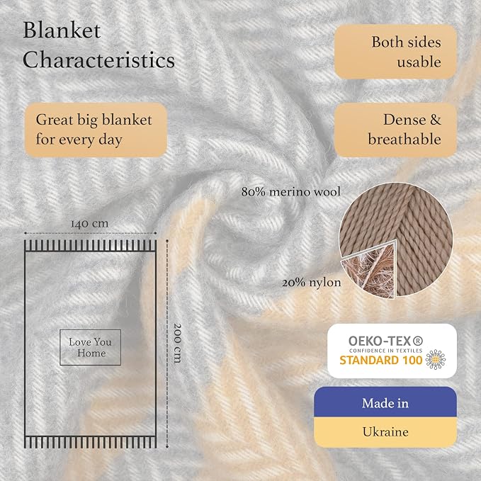 LYHome Merino Wool Blanket - Warm Throw for Cold Weather, Warmest Travel Outdoor Camping Blankets, Picnic Army and Military Throws, Comforter Soft & Cozy (55 x 79 Grey with Mustard and White Stripes)