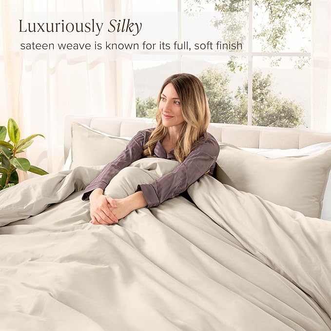 Bare Home 100% Organic Cotton Sateen Duvet Cover Set - Extra Long Size - 400 Thread Count - Smooth Sateen Weave - Warm & Luxurious - Duvet Cover (Twin/Twin XL, French Beige)