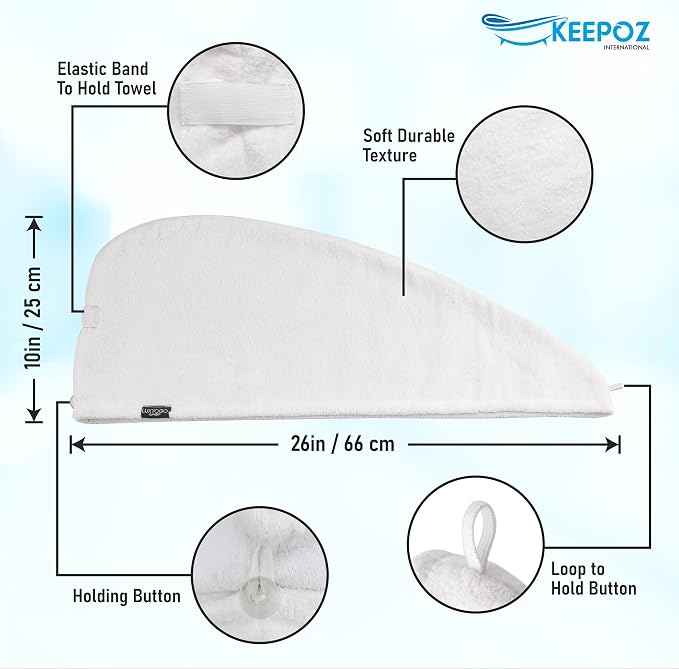 KEEPOZ 100% Cotton Hair Towel Wrap Quick Dry Super Absorbent Turban Head Wrap for Women with Button, Anti Frizz, Hair Cap for Curly, Long & Thick Hair (White, 1 Pc)