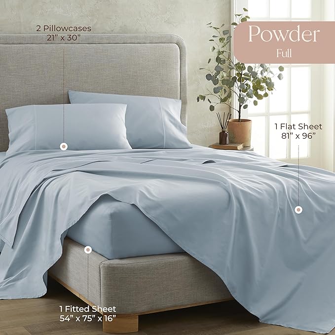 100% Organic Cotton Sheets Full Size - GOTS Certified Organic Bed Sheets with Deep Pocket 500 Thread Count and Cozy Sateen Weave Gets Softer with Each Wash - Luxury 4 Piece Set (Powder, Full)