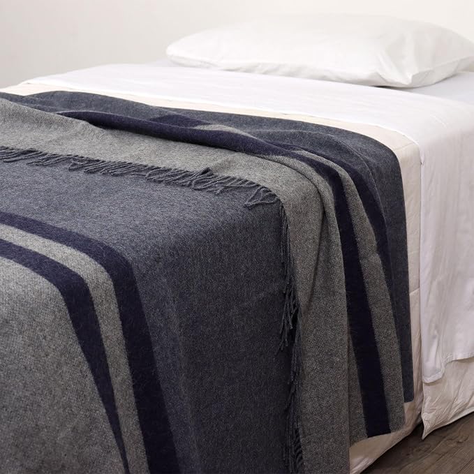 Superfine Alpaca Wool Throw Blanket - Lightweight Alpaca Merino Wool Throw Blankets | Soft Peruvian Alpaca Blanket Wool Blanket Striped Design 63" x 52" (Blue Jean/Soft Gray/Navy Blue)
