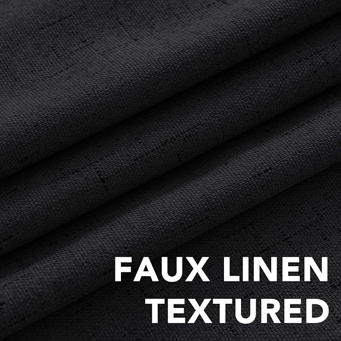 H.VERSAILTEX Linen Curtains 100% Blackout Curtains for Bedroom 90 inch Long Full Light Blocking Nature Linen Blended Window Curtains for Living Room Nickel Grommet (2 Panels, Black)