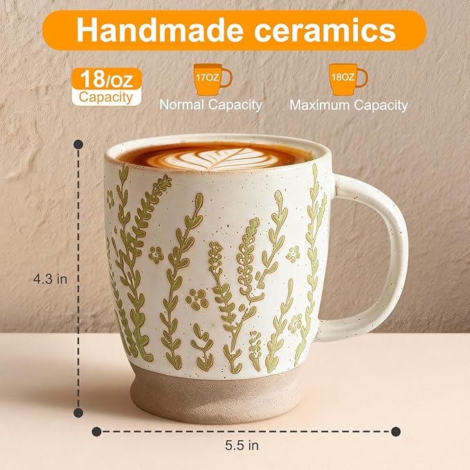 18 oz Coffee Mug Gift for Women Mom Her - Rustic Handmade Coffee Cup, Microwave & Dishwasher Safe Large Mug for Latte, Cocoa, Tea, Milk, Milkshake - Home Office Essential