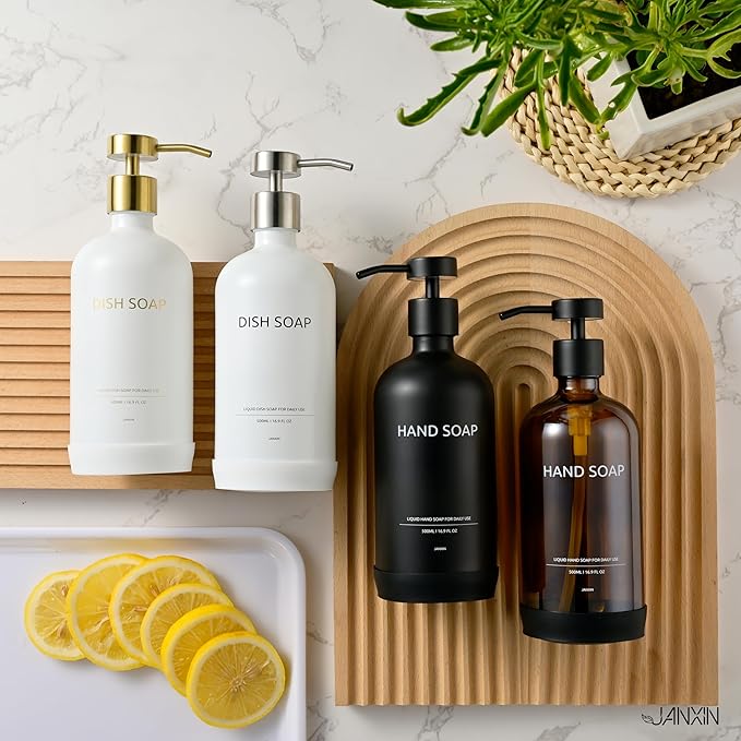 Glass Soap Dispenser Bathroom Set by Janxin, Foaming Kitchen soap Dispenser with Ceramic Tray for Dish Soap, Liquid Soap Dispenser for Hand Soap, Lotion, Body Wash (Black)