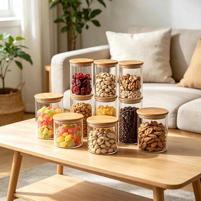 6Pack Glass Food Storage Containers with lids (1.5QT/0.8QT) | Glass Containers with Bamboo Lids for Overnight Oats, Coffee, Spices, Candies, Flour