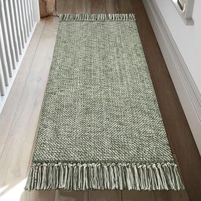 Collive Kitchen Runner Rug, 2' x 4.3' Hand-Woven Reversible Washable Rug, Olive Green/Cream Cotton Modern Farmhouse Bathroom Rug Hallway Carpet for Foyer Bedroom Entry Back Door Decor