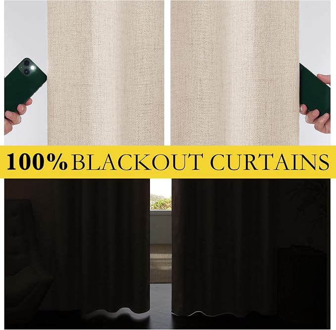 NICETOWN 100% Blackout Curtains 63 inch Length, Beige Short Curtains with Grey Liner, Rod Pocket & Back Tab Thermal Insulated Flax Textured Window Draperies for Kitchen (2 Panels, 42" W by 63" L)