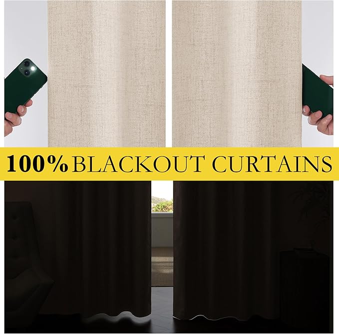 NICETOWN Rod Pocket Full Blackout Linen Curtains 102" Length with Thermal Insulated Liners for Living Room, Farmhouse Style Keep Cool & Warm Large Window Drapes for Hall (Beige, 2 Panels, 52" Wide)