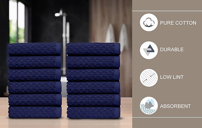 COTTON CRAFT Waffle Weave Wash Cloth - 12 Pack Luxurious Pure Ringspun Cotton Euro Spa Bathroom Face Towel - Absorbent Quick Dry Gym Shower Bath Kitchen Travel - 12x12 inches - Navy