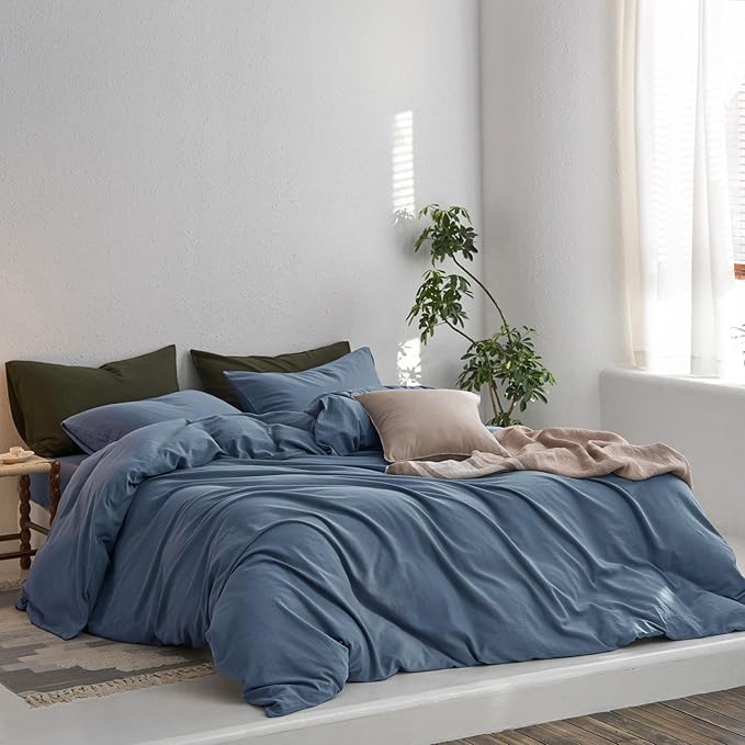 MooMee Queen Duvet Cover Set, 100% Washed Cotton Linen Like Twill Thick Sturdy Material Super Soft Breathable Durable Bedding for All Season, 3 Pieces (Blue, Queen 90"x90")