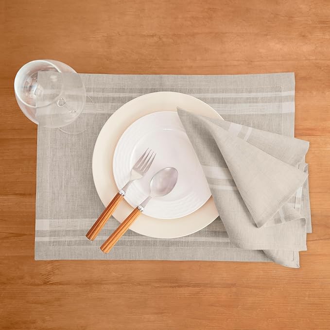 Solino Home Linen French Stripe Placemats Set of 4-100% Pure Linen White and Natural Placemats 14 x 19 Inch for Summer