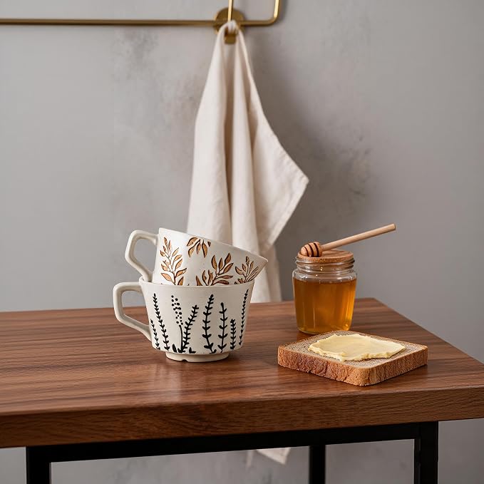 4 Pack 12oz Embossed Leaf Ceramic Coffee Mugs, Vintage Speckled Stoneware Tea Cups, Rustic Brown Spring Leaf Large Drinking Mugs, Microwave & Dishwasher Safe, Farmhouse Kitchen Decor, Gift Set