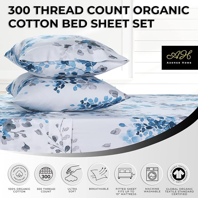 AZORES HOME Twin Organic Cotton Sateen Sheet Set - Deep Pocket, 300 Thread Count, 3-Piece Luxury Bedding, Isabella Grey