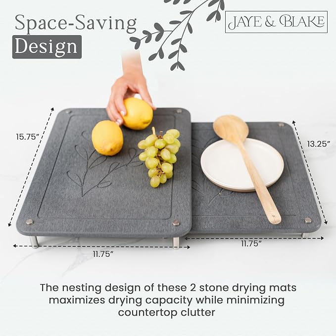 2 PCs Nesting Stone Dish Drying Mats for Kitchen Counter - Absorbent Quick Drying Diatomaceous Earth Stone Drying Mat with Non-Slip Feet - Heat Resistant & Odorless Dish Drying Stone Mat - Dark Gray
