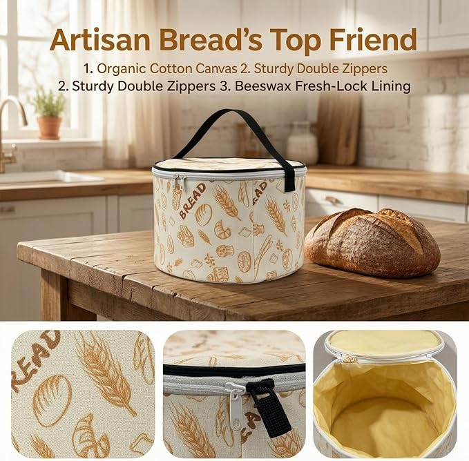 Organic Cotton Beeswax Bread Bags 9.8" x 6.Cotton Wash. Reus. Eco | Natural beeswax locks in freshness. Large reusable round Bread Bags for homemade sourdough. Organic cotton, freezer-safe