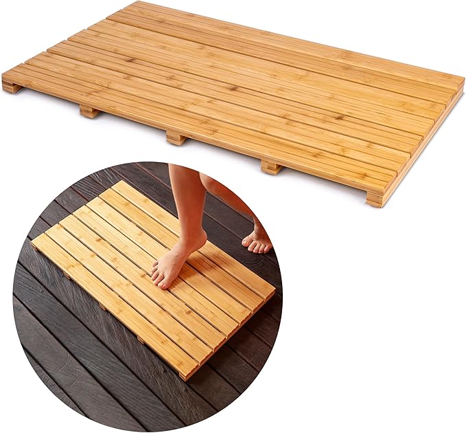 Large Natural Bamboo Bath Mat – Non-Slip Design Sauna Floor Mat, Secure Grip Pads, Water-Resistant Coating, Durable for Indoor/Outdoor Use, Bamboo Decor