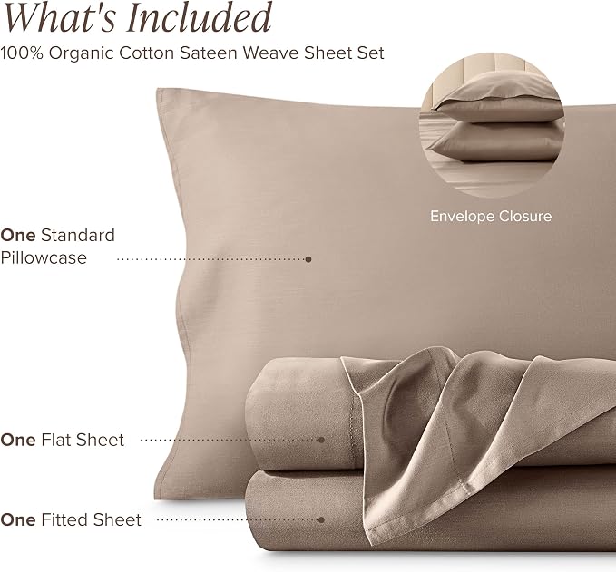 Bare Home 100% Organic Cotton Twin Sheet Set - 400 Thread Count - Smooth Sateen Weave - Breathable & Cooling - Hotel Luxury Set - Deep Pocket Bed Sheets (Twin XL, Taupe)