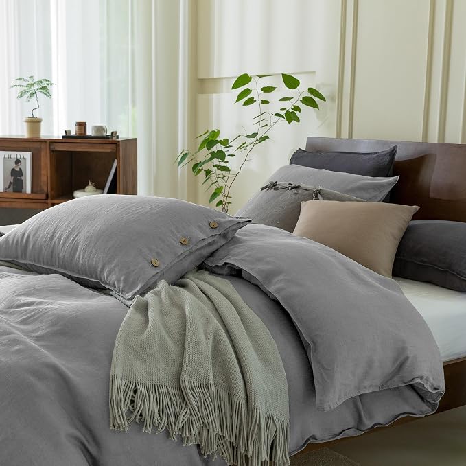 EVERLY 100% Pure Linen Duvet Cover Set Oversized King Size 120X98Inch 3pcs(1 Duvet Cover,2 Pillowcases) Soft and Breathable All Season with Coconut Button Closure Suitable for Hot Sleepers-Grey
