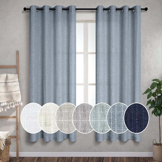 Pitalk Blue Sheer Curtains 63 Inch Length for Living Room 2 Panels Home Fashion Semi Blackout Linen Curtains for Bedroom Kitchen Dusty Grey Country Blue