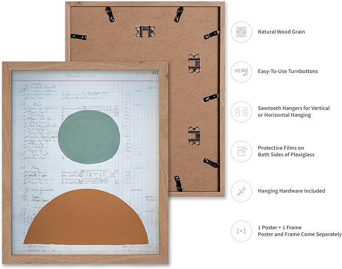 Monem Art Vintage Ledger Abstract Geometric Print - Modernist Teal and Ochre Art Poster - Wall Decor for Office, Living Room or Studio - 16x20 Beige Framed Wall Art by Renee Stramel