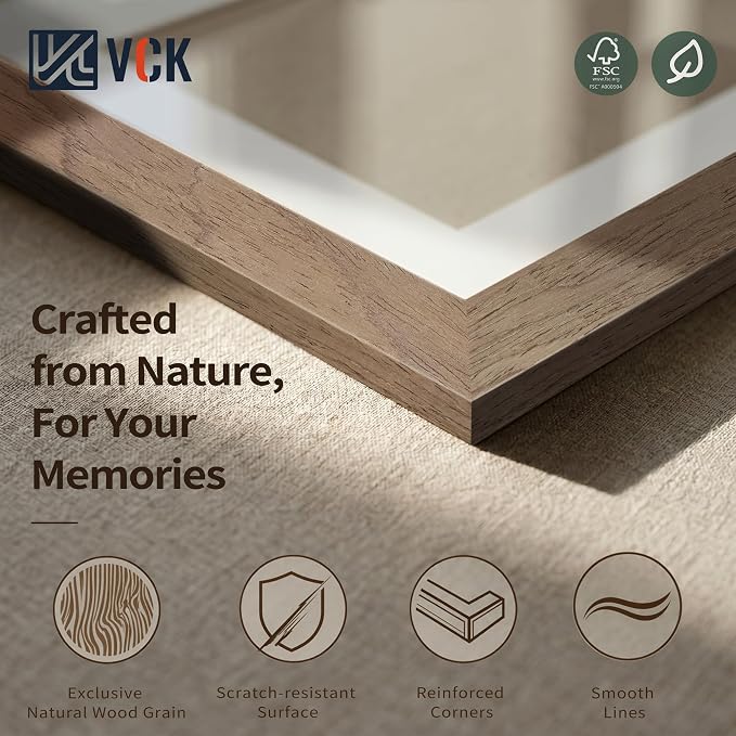 VCK 12x16 Picture Frames Walnut 3 Pack, Wide Border Wood, Tempered Glass, Display 8.5x11 Poster Photo with Mat or 12 x 16 Without, for Home, Office, Gallery, Woodgrain Series, Wall Hanging