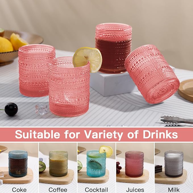 JOVGANK Pink Vintage Hobnail Drinking Glasses Set of 6, Embossed Water Tumbler 12oz, Kitchen & Bar Beaded Glass Cups, Beverage Glass Cups for Water, Beer, Juice, Housewarming Gift