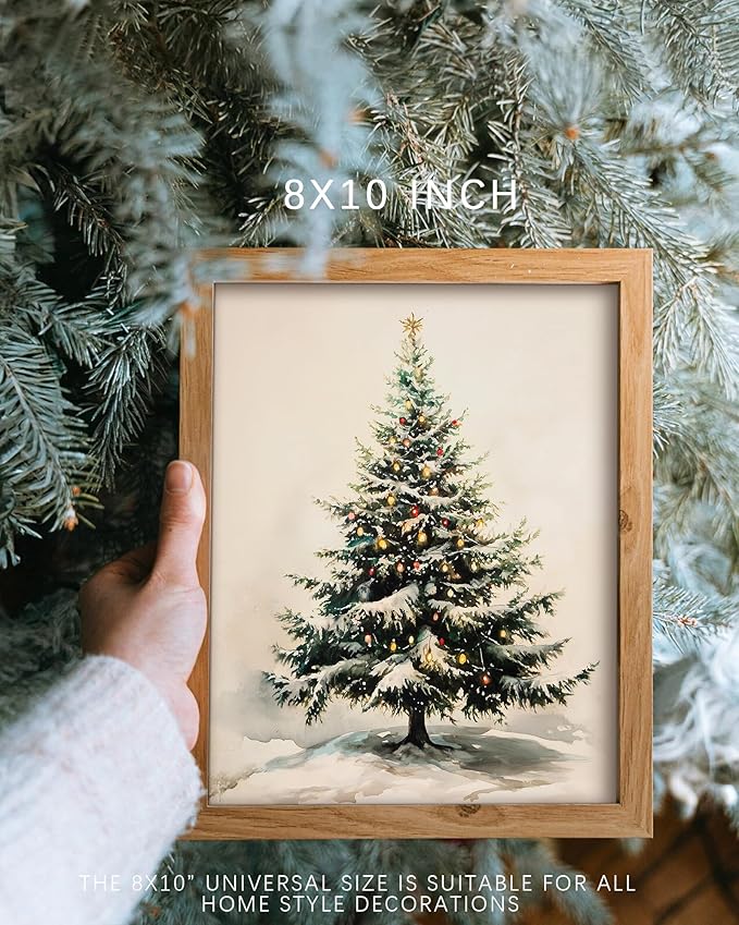 Vodefoad Christmas Tree Wall Art Vintage Rustic Xmas Winter Snowy Pine Tree Canvas Oil Wall Decor Neutral Antique Holiday Christmas Tree Painting for Gallery Bedroom Bathroom - 8x10Inch Unframe