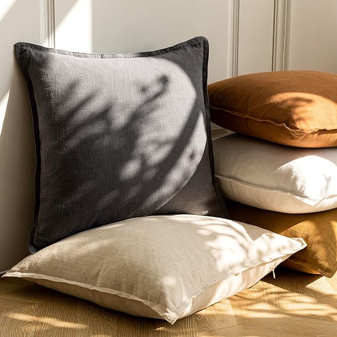 Foindtower Pack of 2, Decorative Linen Soild Throw Pillow Covers Soft Accent Square Cushion Case Boho Farmhouse Pillowcase for Chair Couch Sofa Bedroom Living Room Home Decor 24 x 24 Inch Grey
