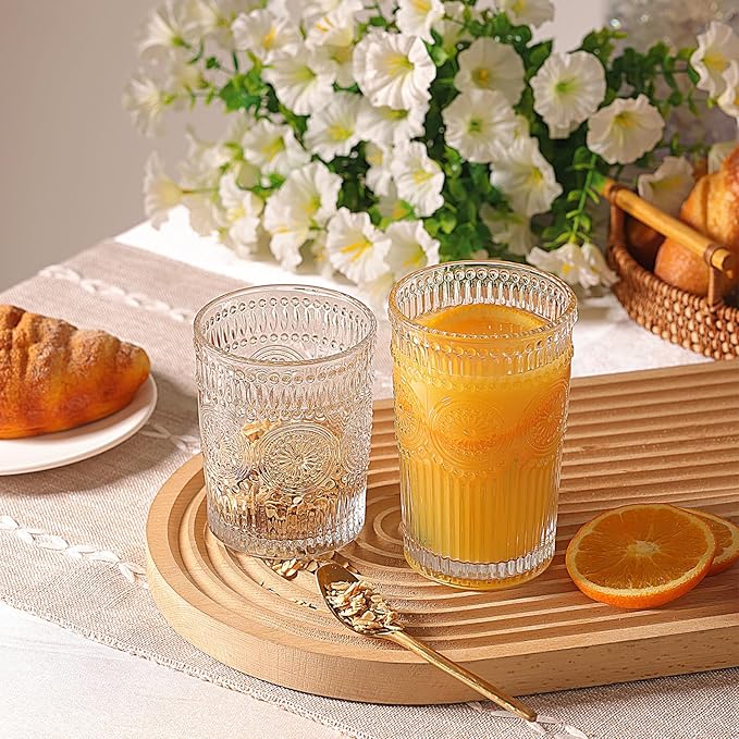 Vintage Drinking Glasses Set of 12, Textured Clear Striped Glass Cups-6 Highball Glasses 12oz & 6 Rocks Glasses 10oz, Mixed Glassware Set, Mojito Cups, Cocktail Glass, Iced Coffee Cup