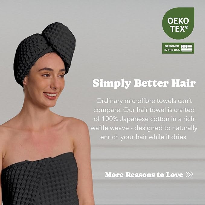 Luxury Organic Japanese Cotton Hair Drying Waffle Towel Wrap for Women | Absorbent, Quick-Dry Head Turban for Shower, Sauna, Spa | Extra Large for Long, Curly, Straight Hair With Button (Black, 2 Pc)