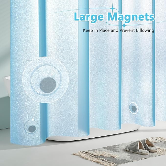 Seenus Waterproof Plastic Glitter Shower Curtain Sky Blue, Sparkle PEVA Shower Curtain Liner with 3 Large Magnets, 72 x 72 inch Baby Blue Blingbling Bathroom Decor Shower Curtain