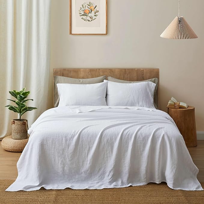 ATLINIA 100% Pure Flax Linen Bedding Set - Stone Washed French Linen Fabric Deep Pocket Fitted Sheet Farmhouse Flat Sheet 2 Pillowcases (White, California King)
