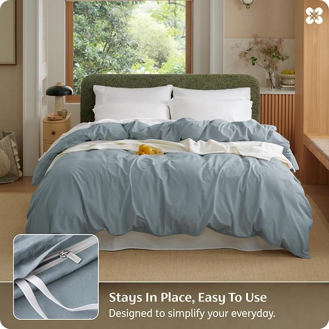 Bedsure Duvet Cover King Size - 100% Washed Cotton, Linen-Like Minimalist Bedding - PureWoven Plain Soft Comforter Cover for All Seasons, 1 Duvet Cover Only (Dusty Blue, 104" x 90")