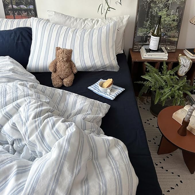 mixinni Vintage Blue & White Striped Duvet Cover Set - 3 Piece 100% Washed Cotton Twin XL Size Bedding | Minimalist Relaxed Style | Ultra Soft Breathable, with Zipper Closure & Corner Ties