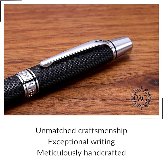 'Show Up' Black Luxury Executive Fountain Pen, Woven Polished Lacquer, Chrome Accents, Stainless Steel Nib, Easy Refill Ink Piston Converter, Smudge Free No Bleed, Fits Instant Insert Ink Cartridges