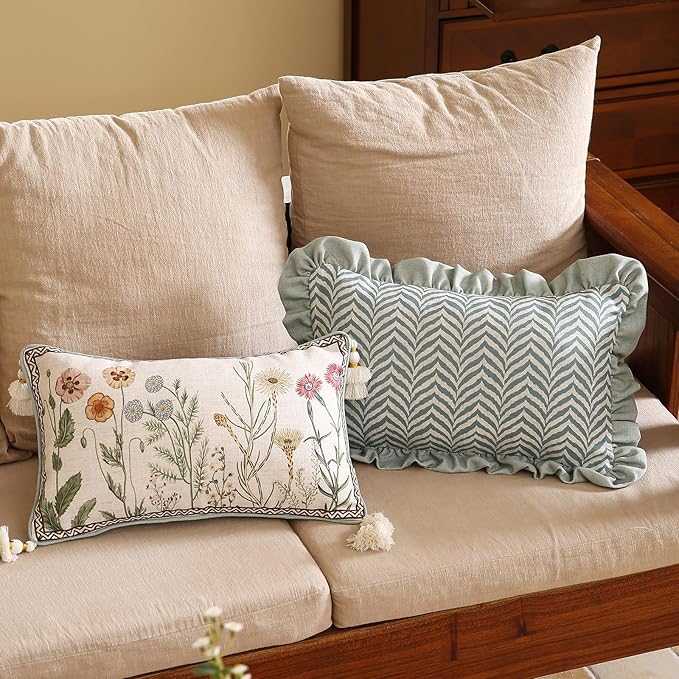 ISAENNE Design Linen Throw Pillow Covers 12"x20" Pack of 2, Lumbar Farmhouse Cushion Covers with Colorful Watercolor Wildflower Pattern for Bed, Living Room, Outdoor, Car