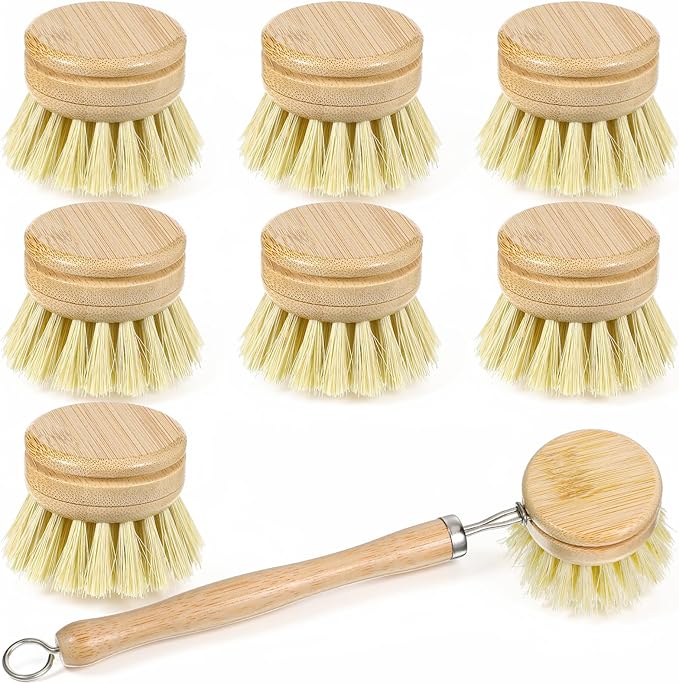 8 Pcs Bamboo Dish Brush with Handle, Natural Sisal Bristle Scrubber Includes 7 Replacement Brush Heads Wooden Kitchen Dish Brushes for Pots, Pans, Bowls, Dishes Cleaning