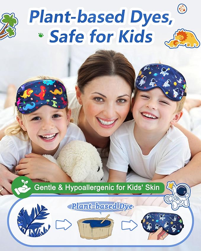 BeeVines Kids 100% Real Mulberry Silk Sleep Mask 2 Pack, Original Design Pure Silk Sleeping Eye Masks for Boys, Skin-Friendly Blackout Eye Cover, Adjustable Strap, Reduce Puffy Eyes, for Travel Gifts